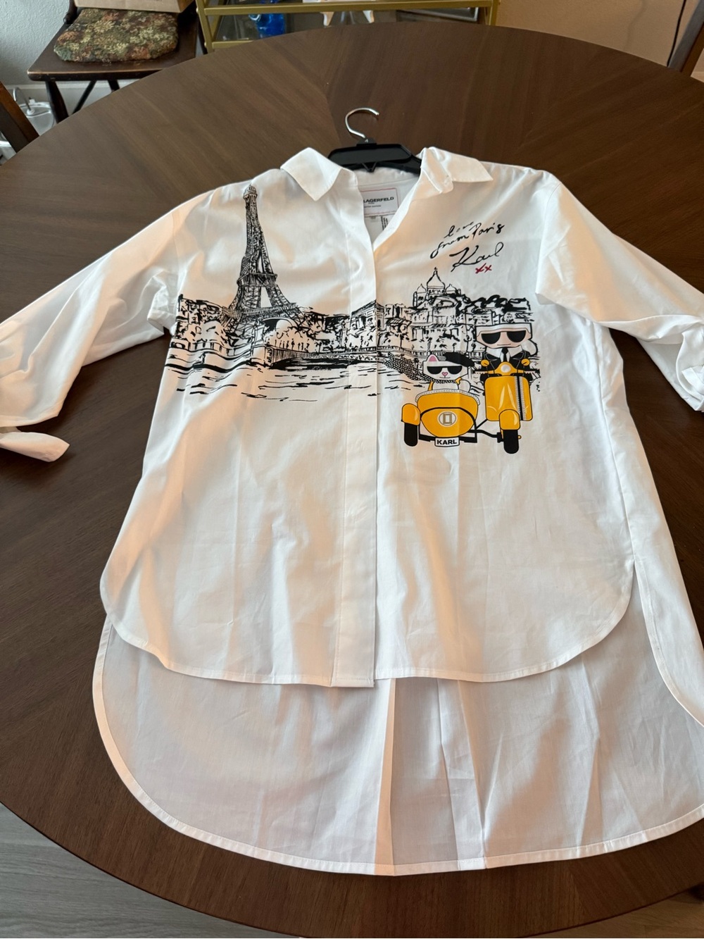 NWOT Karl Lagerfeld White Womens Oversized Paris Scooter Graphic Button-Up Shirt